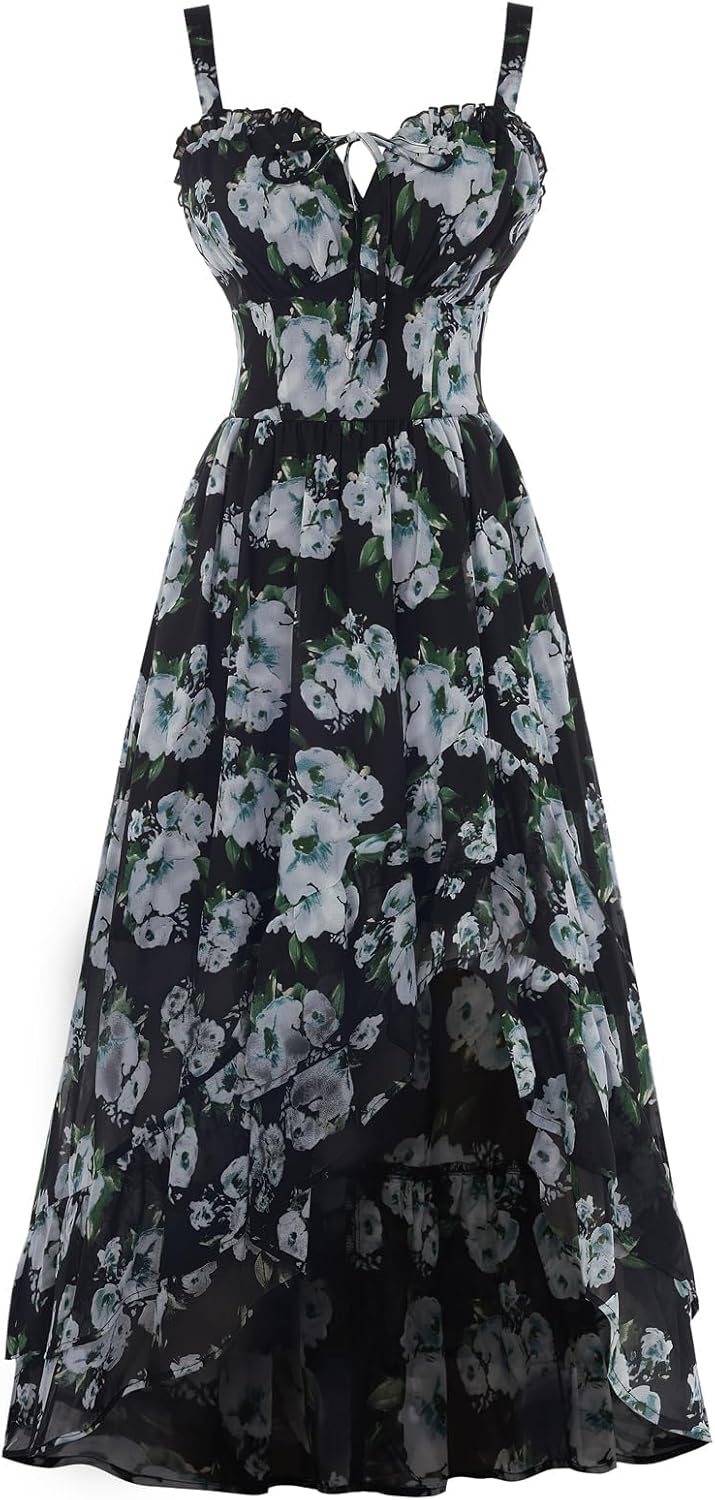 Women Floral Ruffle Maxi Dress Corset Style Summer Dress with Pockets