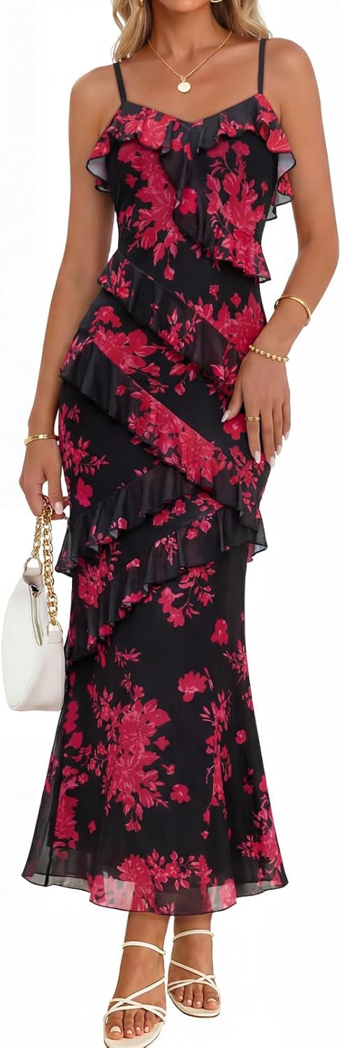 Women Bodycon Floral Long Dress Spaghetti Strap Wedding Guest Dress