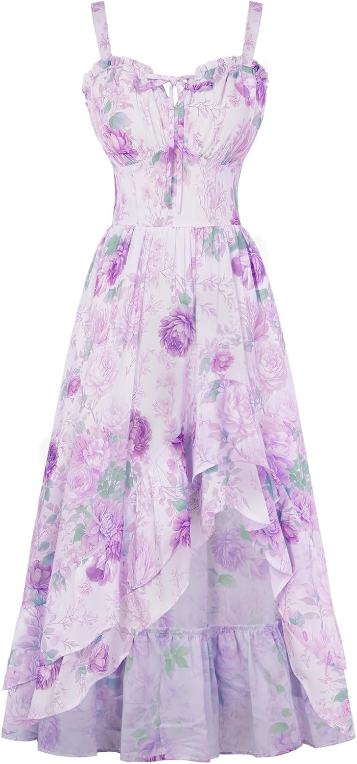 Women Floral Ruffle Maxi Dress Corset Style Summer Dress with Pockets