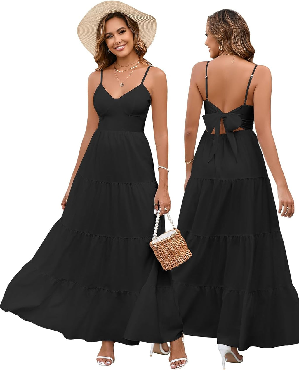 Women’s Summer Flowy Maxi Dress – Spaghetti Strap Bow Tie