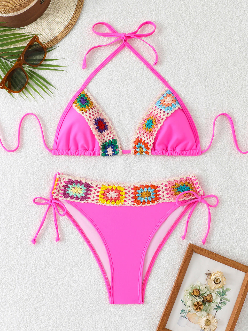 Boho Floral Crochet Bikini Triangle Halter Cut Out Tie Side Bathing Suit