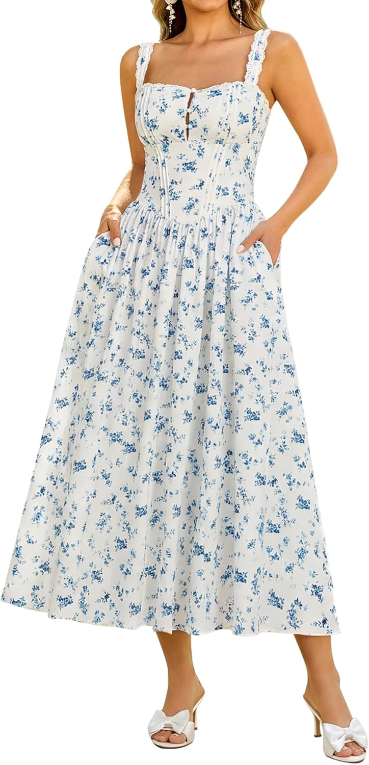 Women Summer Lace Corset Midi Dress Flowy Bridal Shower Dress