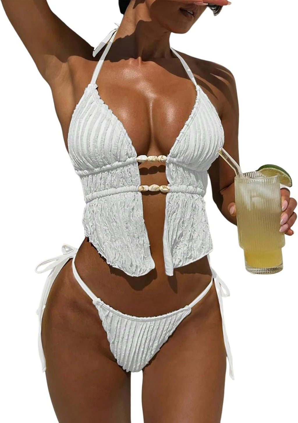 Halter Backless Bikini Set Textured Cheeky High Cut String Swimsuits