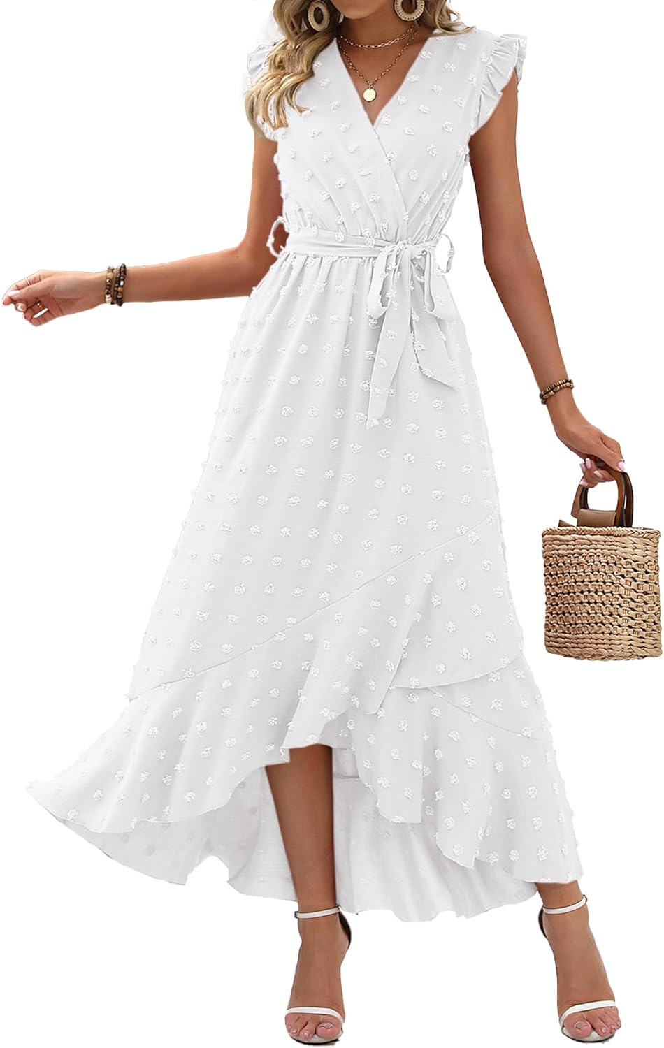 Summer Flowy Ruffle Maxi Dress Women Swiss Dot Cap Sleeve Casual Party Dress