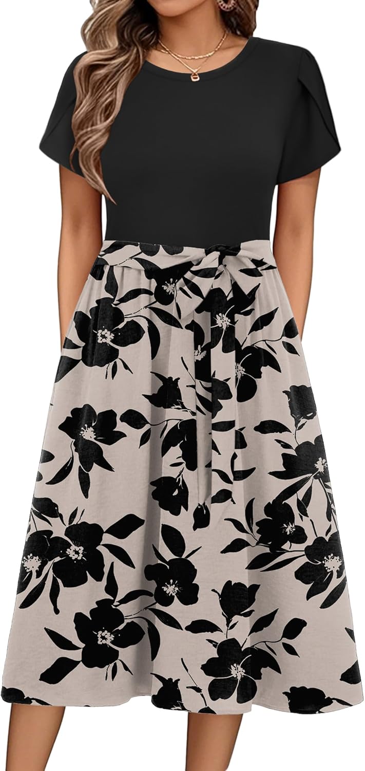 Short Sleeve A-Line Dress – Floral Beach Sundress with Pockets