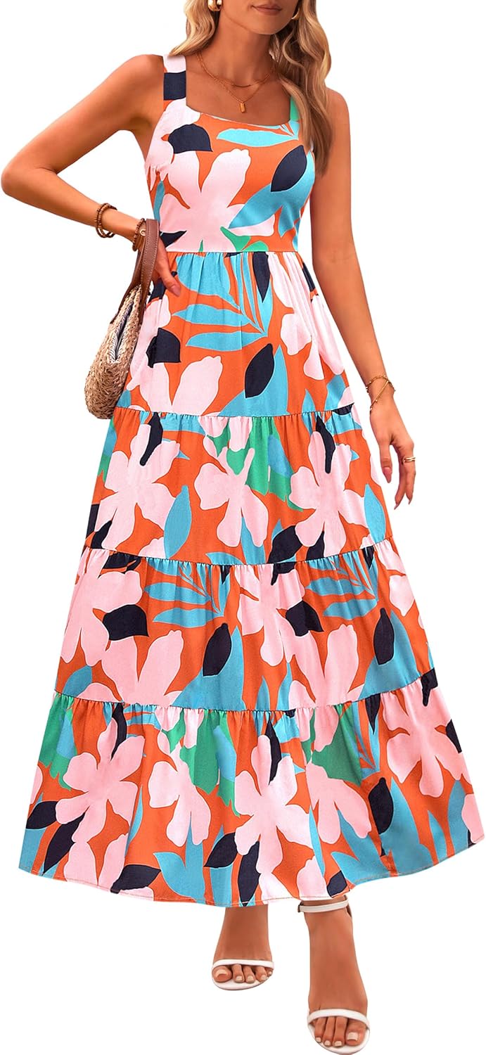 Women Floral Ruffle Maxi Dress Casual Boho Flowy Beach Vacation Sundress