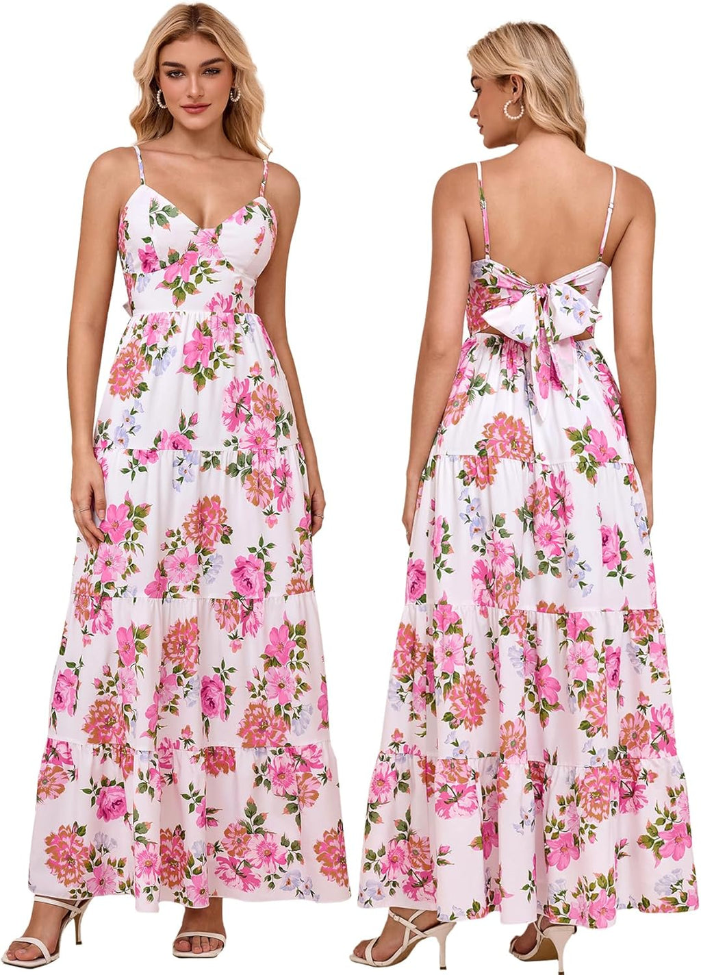Women’s Summer Flowy Maxi Dress – Spaghetti Strap Bow Tie