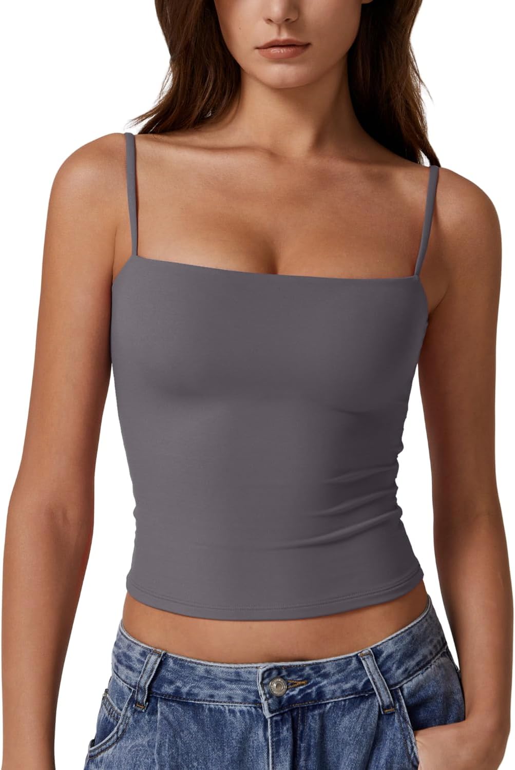 QINSEN Women's Double Lined Basic Tank Top Adjustable Spaghetti Straps Sleeveless Camisole Shirts