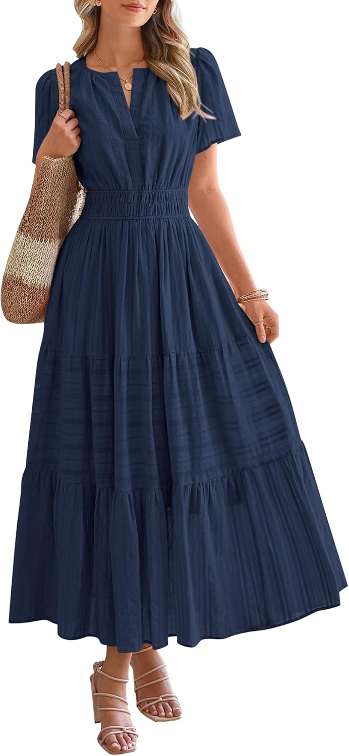 Casual Boho Maxi Dress Women V Neck Short Sleeve Flowy Beach Dress with Pockets