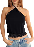 Women Y2K Halter Crop Top, Double Lined Lace Trim Backless Cami Tank