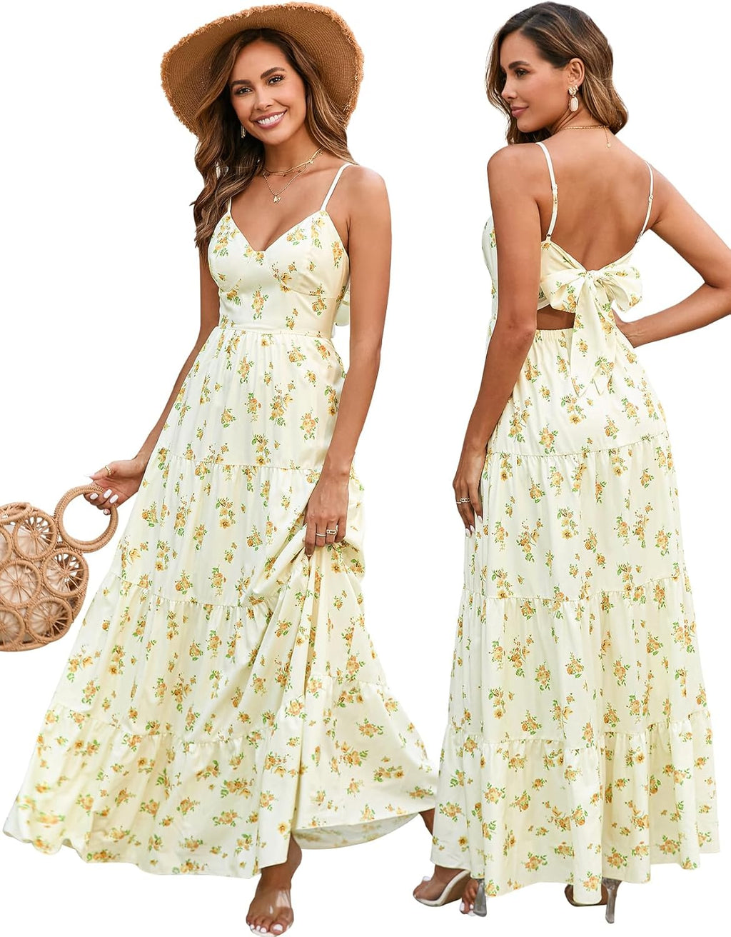 Women’s Summer Flowy Maxi Dress – Spaghetti Strap Bow Tie