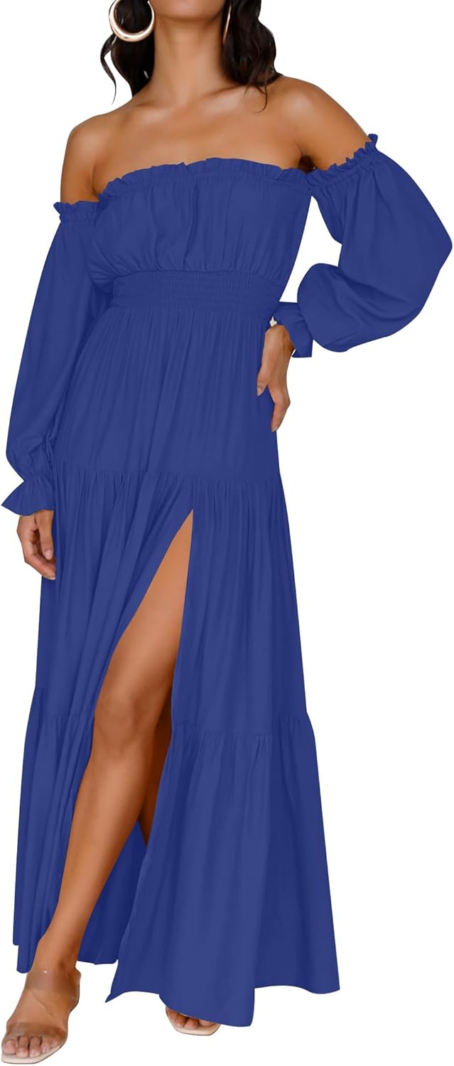 Boho Off Shoulder Maxi Dress Women Flowy Side Split Wedding Guest Dress