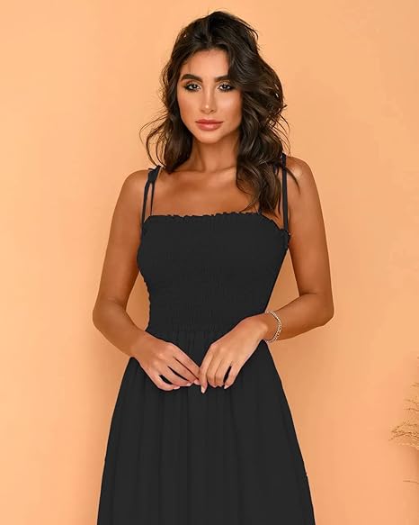 Square Neck Spaghetti Strap Boho Maxi Ruffle Beach Dress