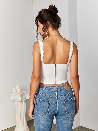Women Y2K Lace Corset Crop Top, Square Neck Bustier Tank for Going Out