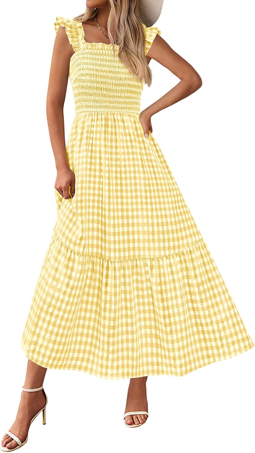 Women Square Neck Gingham Midi Dress Ruffle Strap Smocked A-Line Sundress