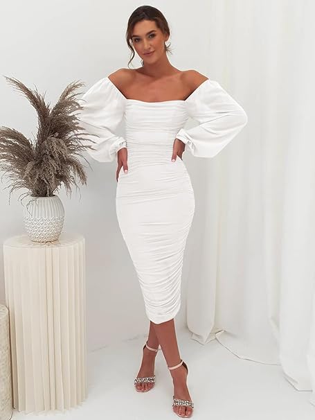 Square Neck Puff Sleeve Ruched Bodycon Midi Party Dress
