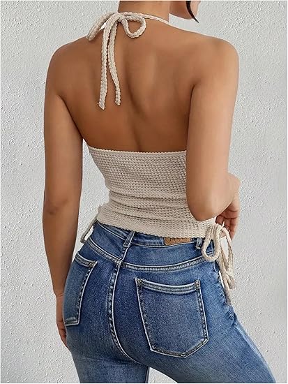 Women Y2K Knitted Halter Top, Metal Strap Ruched Crochet Cami with Tie Back