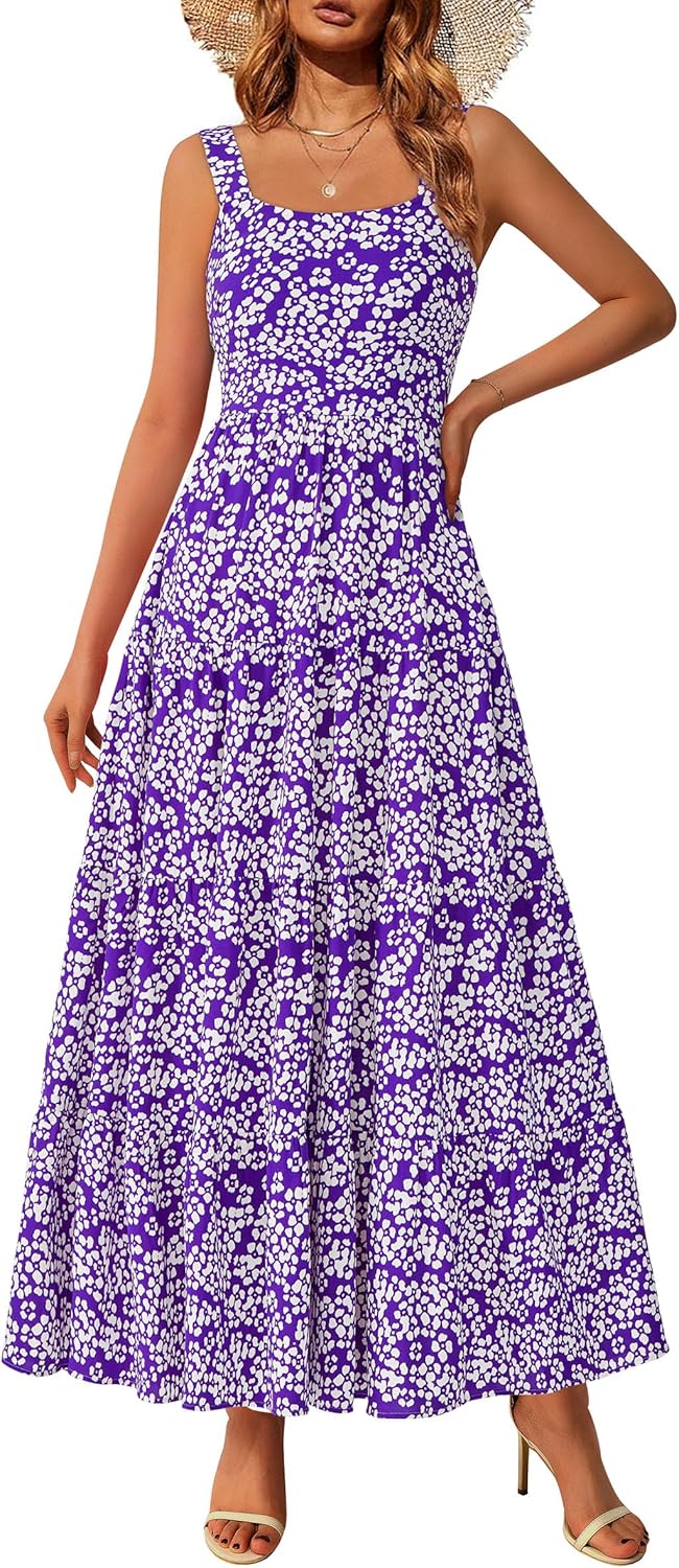 Women Floral Ruffle Maxi Dress Casual Boho Flowy Beach Vacation Sundress