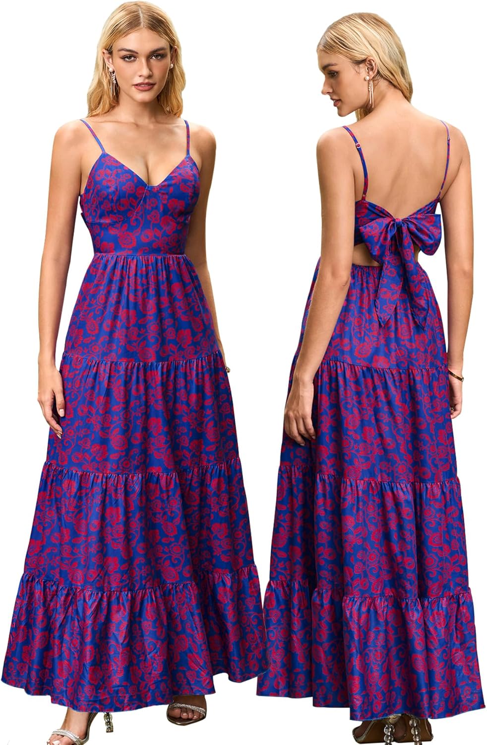 Women’s Summer Flowy Maxi Dress – Spaghetti Strap Bow Tie