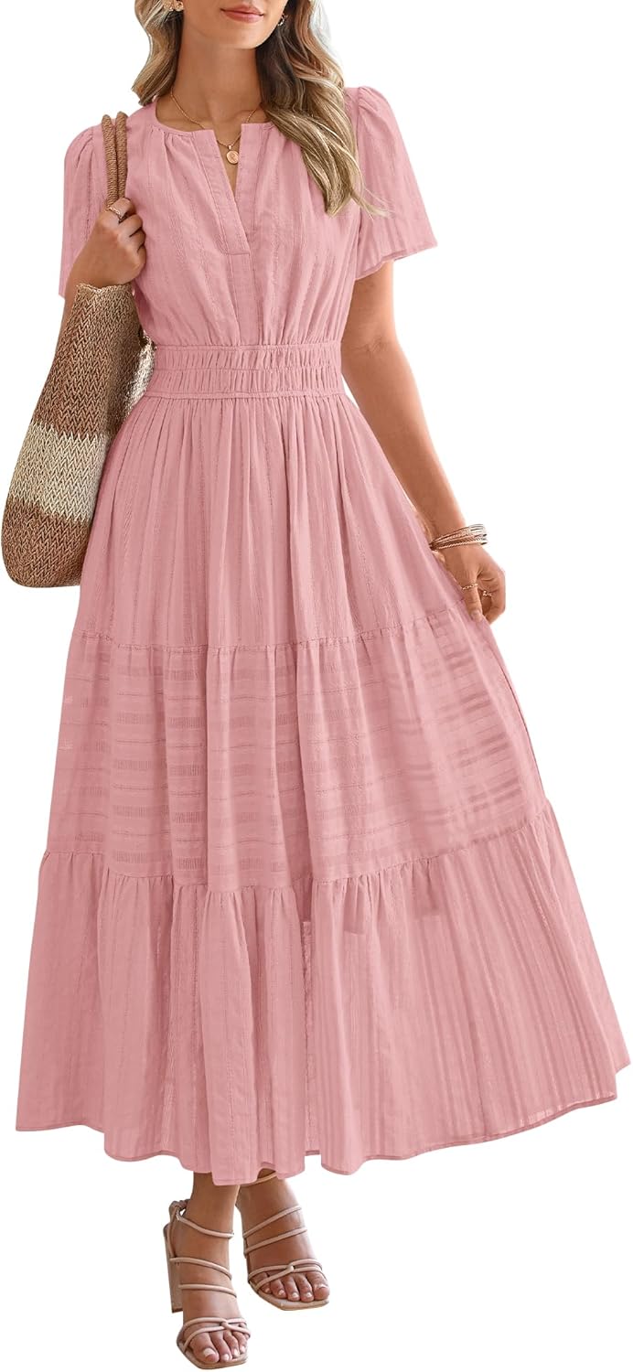 Casual Boho Maxi Dress Women V Neck Short Sleeve Flowy Beach Dress with Pockets