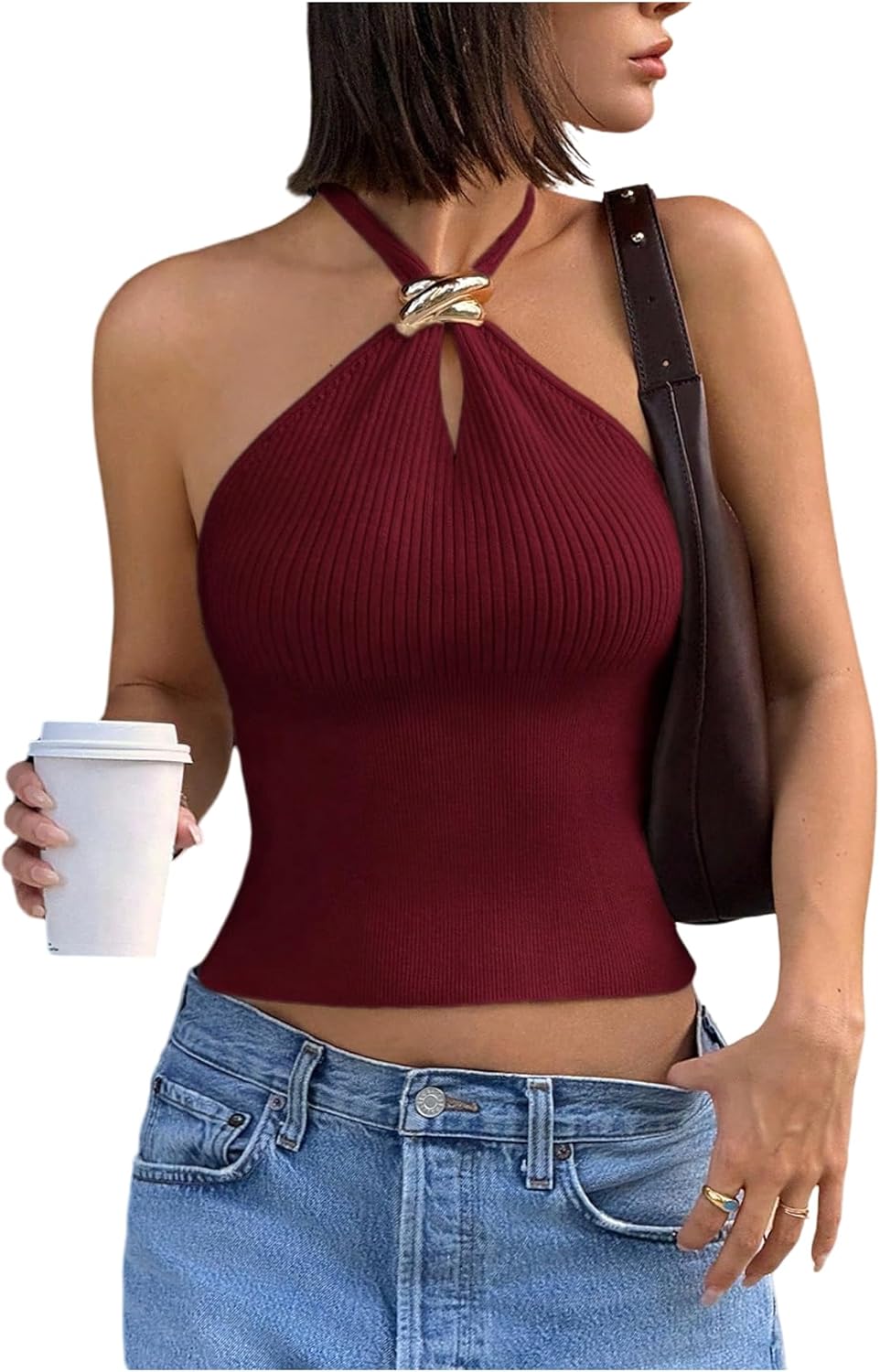 Women’s Sleeveless Ribbed Halter Top – Date Night Party Crop Top