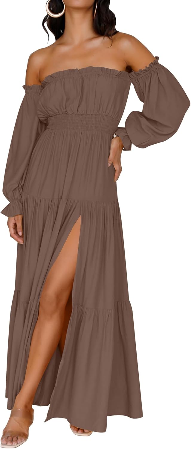 Boho Off Shoulder Maxi Dress Women Flowy Side Split Wedding Guest Dress