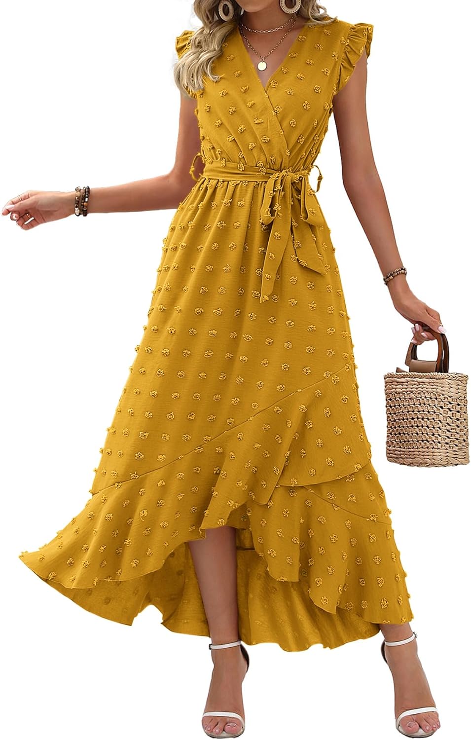 Summer Flowy Ruffle Maxi Dress Women Swiss Dot Cap Sleeve Casual Party Dress