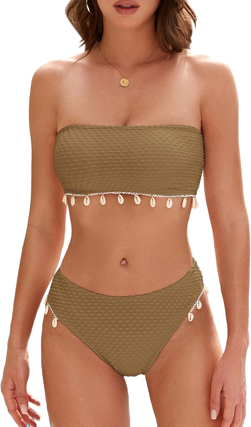 Women Solid Cheeky Bikini Set, Strapless Lace Up Bathing Suit