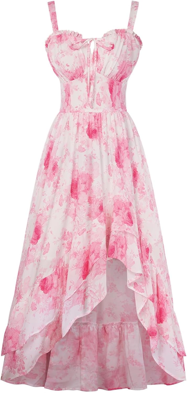 Women Floral Ruffle Maxi Dress Corset Style Summer Dress with Pockets