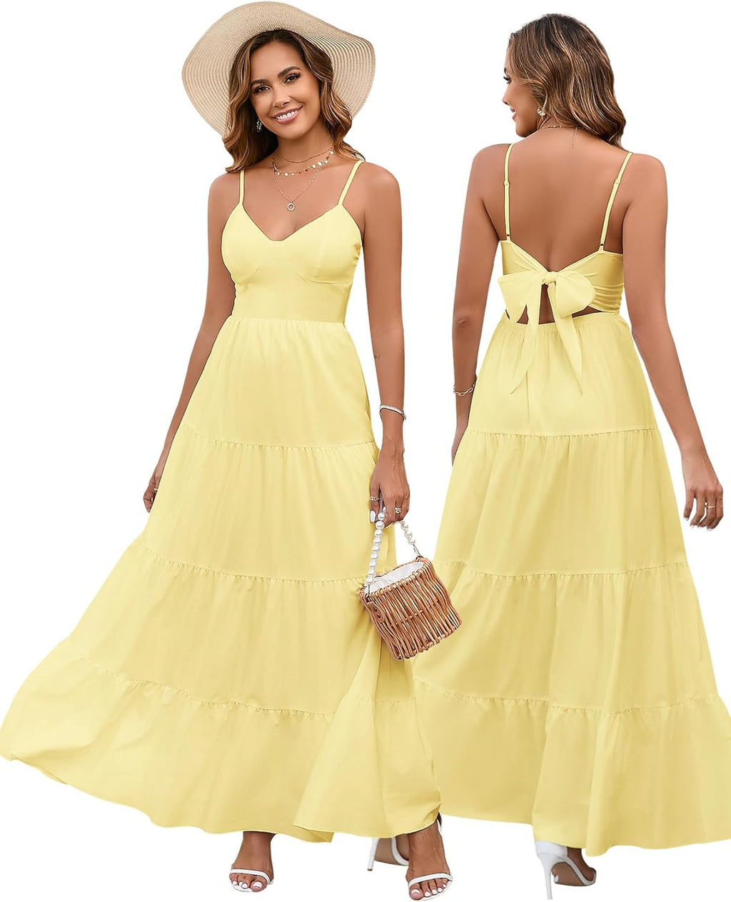 Women’s Summer Flowy Maxi Dress – Spaghetti Strap Bow Tie