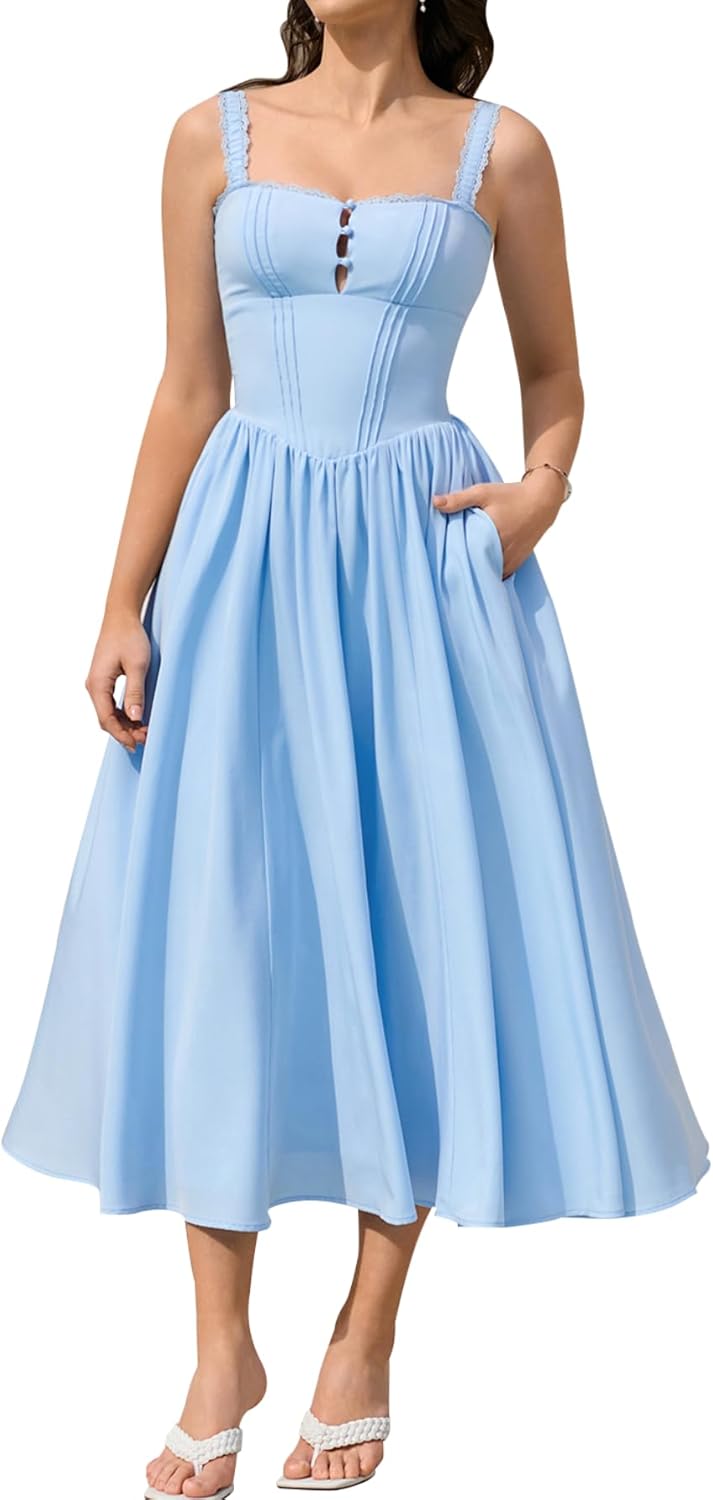 Women Summer Lace Corset Midi Dress Flowy Bridal Shower Dress