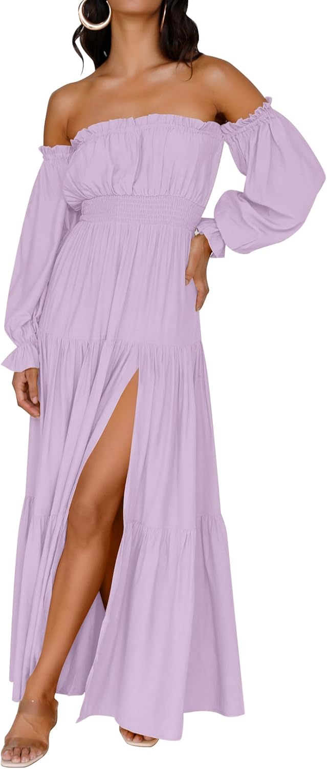 Boho Off Shoulder Maxi Dress Women Flowy Side Split Wedding Guest Dress