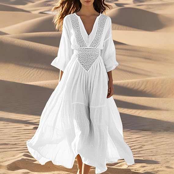 Women Casual A Line Flowy Long Dress Hollow Tiered Ruffle Beach Party Dress