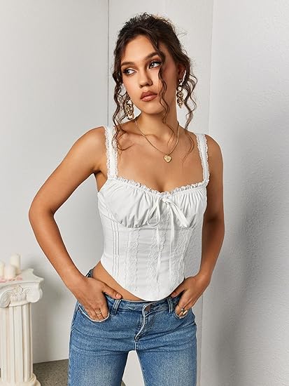 Women Y2K Lace Corset Crop Top, Square Neck Bustier Tank for Going Out