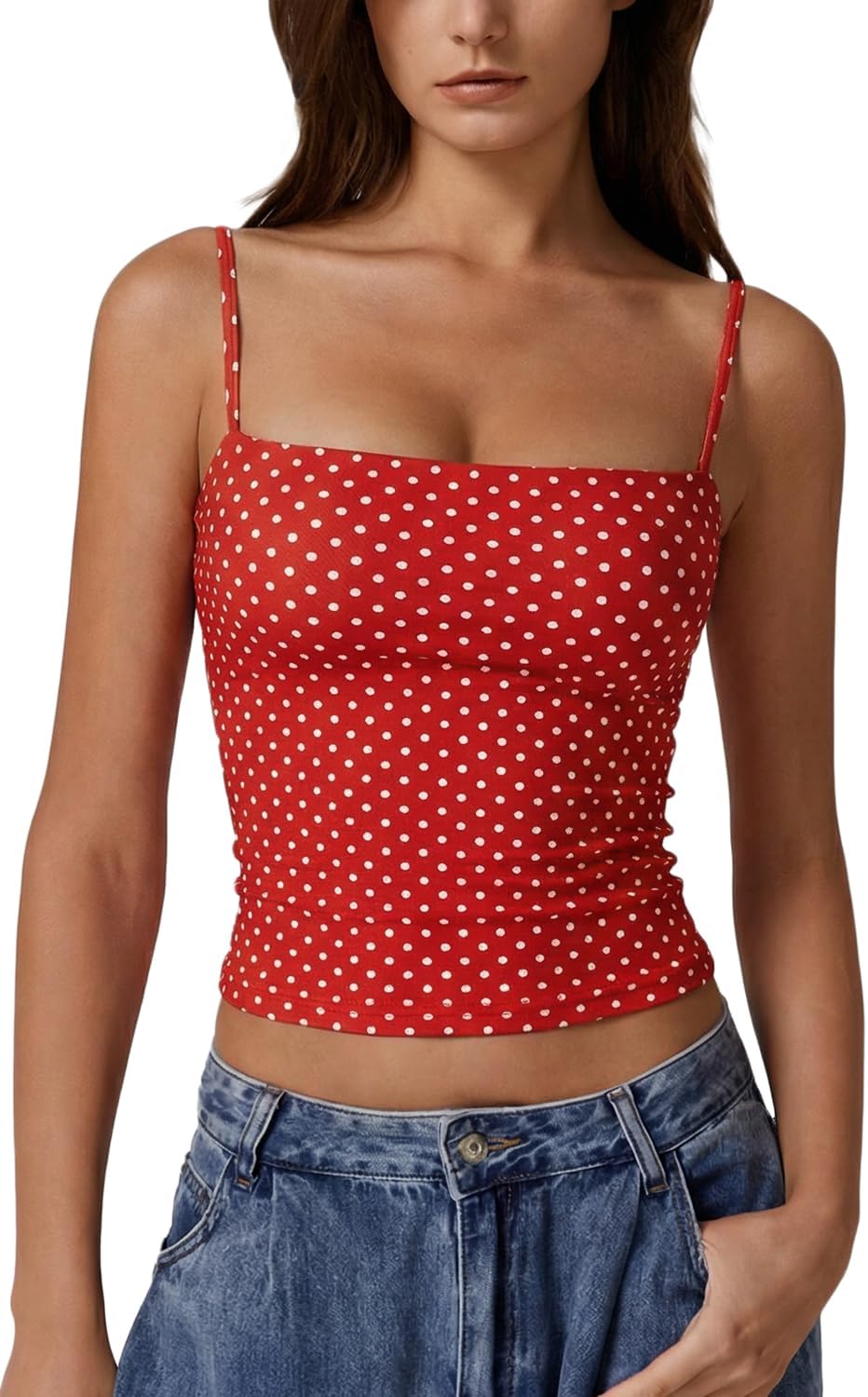 QINSEN Women's Double Lined Basic Tank Top Adjustable Spaghetti Straps Sleeveless Camisole Shirts