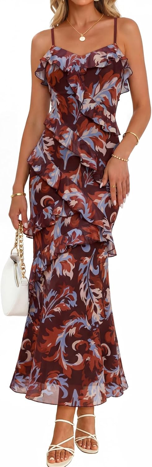 Women Bodycon Floral Long Dress Spaghetti Strap Wedding Guest Dress
