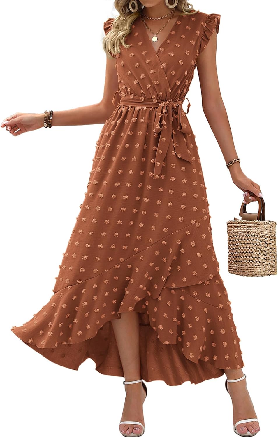 Summer Flowy Ruffle Maxi Dress Women Swiss Dot Cap Sleeve Casual Party Dress