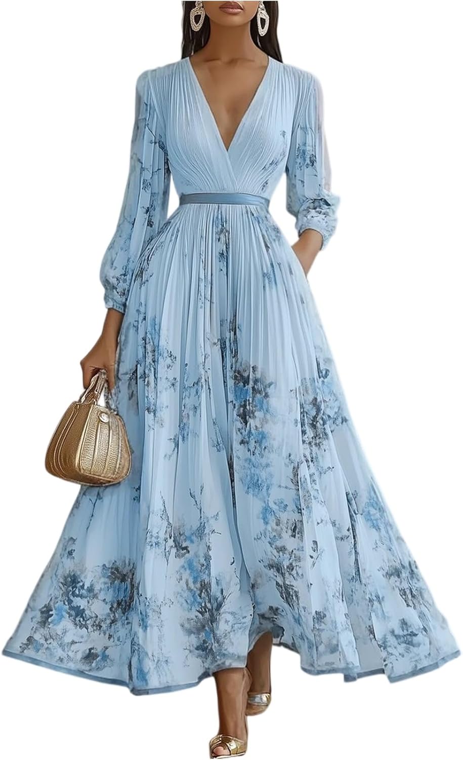 Elegant 2026 Floral Puff Sleeve Women Maxi Dress