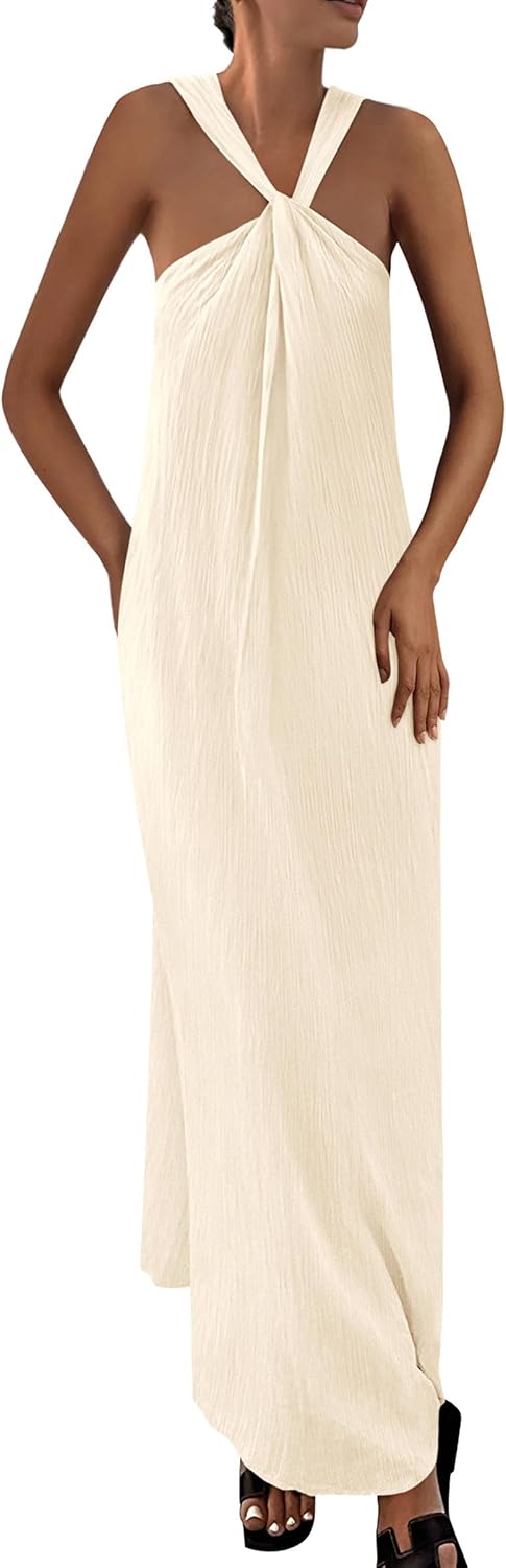 Casual Off Shoulder Maxi Dress Women Sleeveless Strappy Beach Dress with Pockets