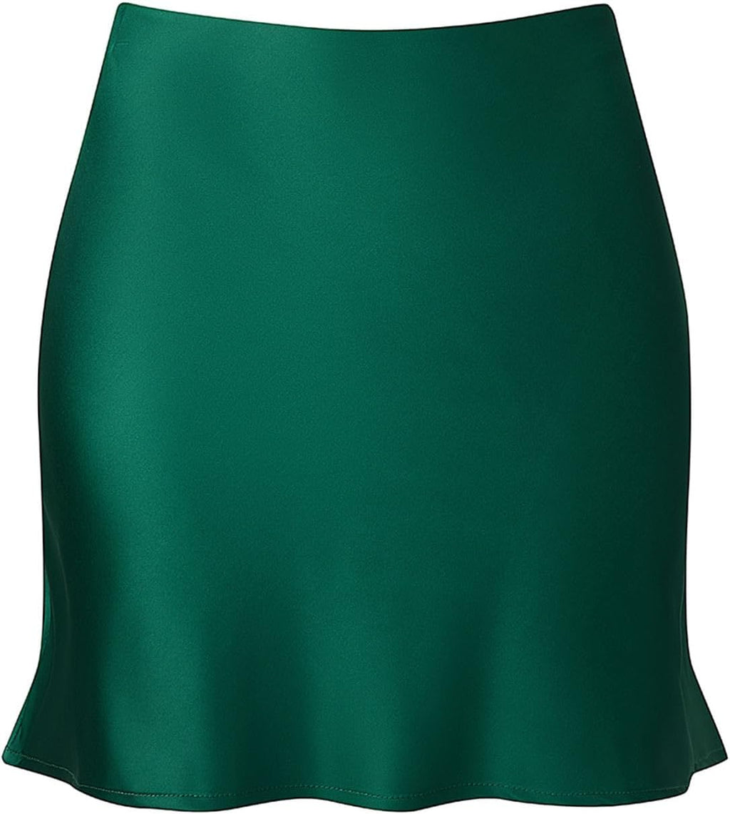 Women Satin Mini Skirt High Waist Elastic Ruffle Bodycon Short Skirt