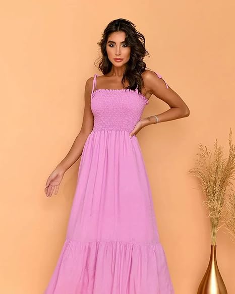 Square Neck Spaghetti Strap Boho Maxi Ruffle Beach Dress