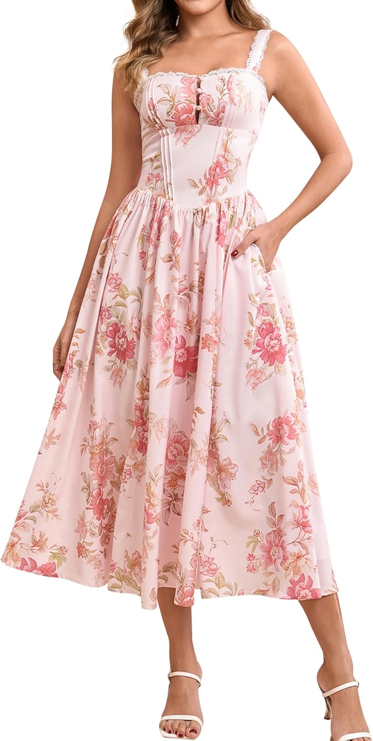 Women Summer Lace Corset Midi Dress Flowy Bridal Shower Dress