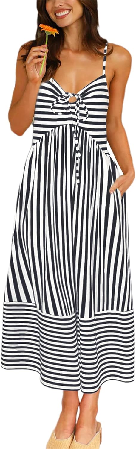 Striped Spaghetti Strap Maxi Dress Women Boho Vacation Sundress with Pockets