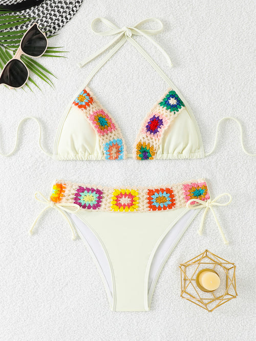 Boho Floral Crochet Bikini Triangle Halter Cut Out Tie Side Bathing Suit