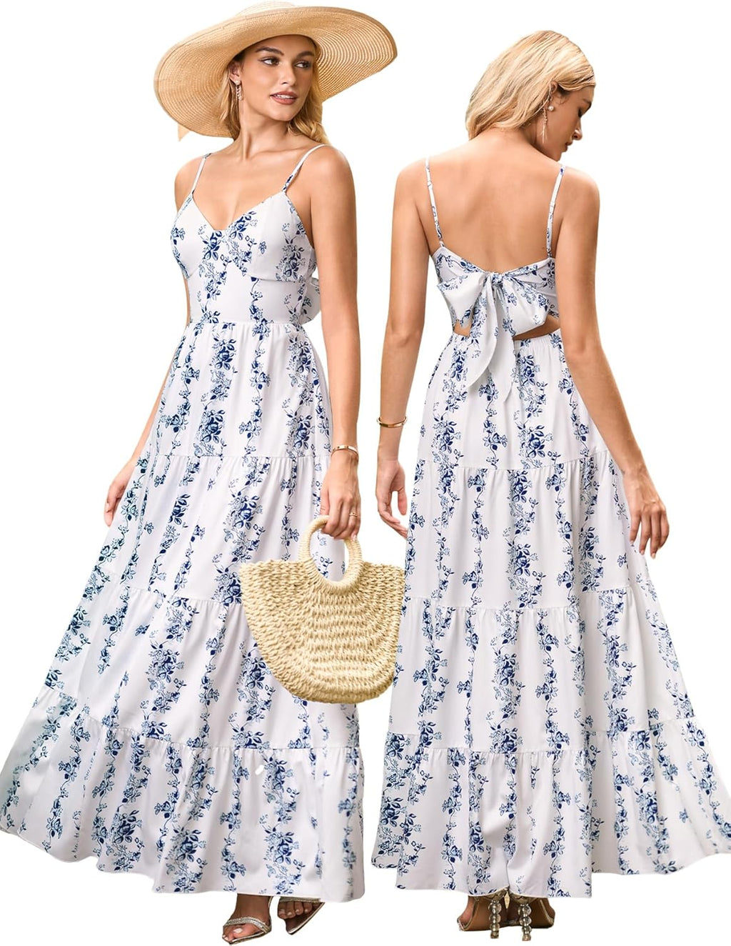 Women’s Summer Flowy Maxi Dress – Spaghetti Strap Bow Tie