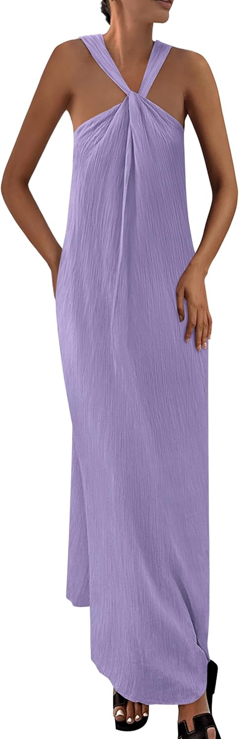 Casual Off Shoulder Maxi Dress Women Sleeveless Strappy Beach Dress with Pockets