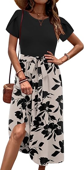 Short Sleeve A-Line Dress – Floral Beach Sundress with Pockets