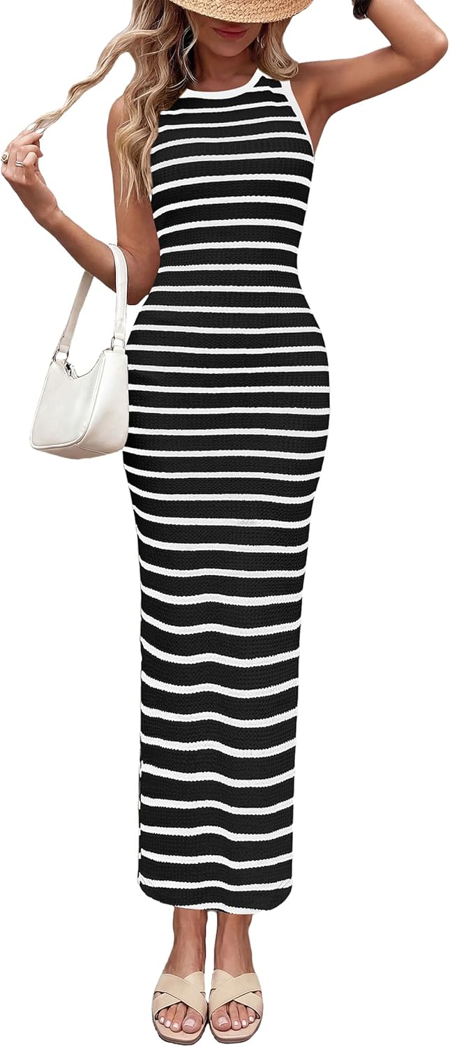 Women Striped Knit Maxi Dress Side Slit Sundress