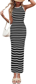 Women Striped Knit Maxi Dress Side Slit Sundress