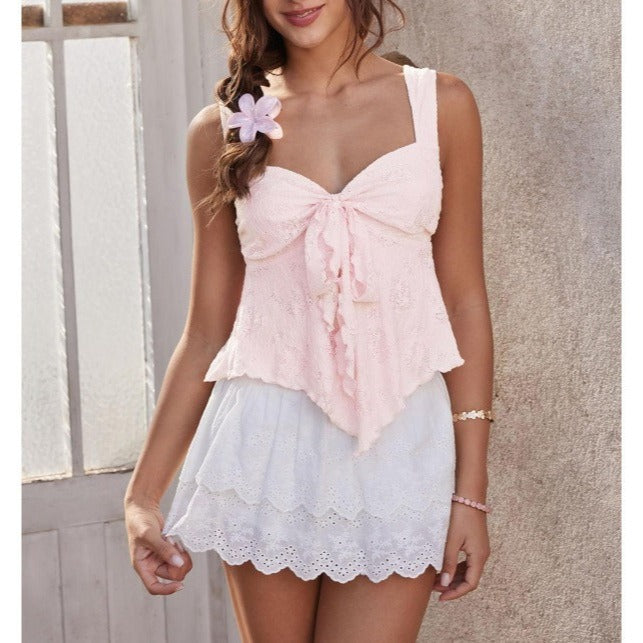 Floral Babydoll Top Lace Mesh Bow Tie Sleeveless Tank